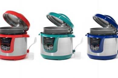 elite platinum pressure cooker in red, blue and cyan in one line