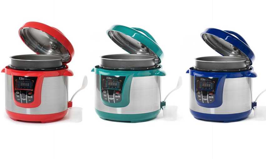 elite platinum pressure cooker in red, blue and cyan in one line 