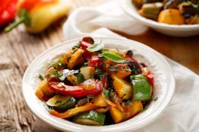 Roasted zucchini, bell pepper, onion and eggplant in white bowl