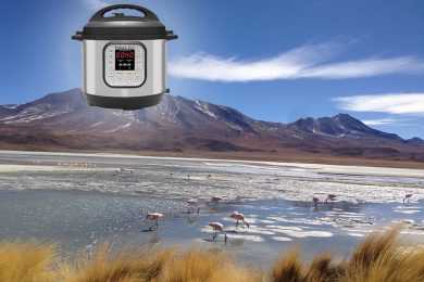 Andes mountains with flamingos and Instant Pot on top