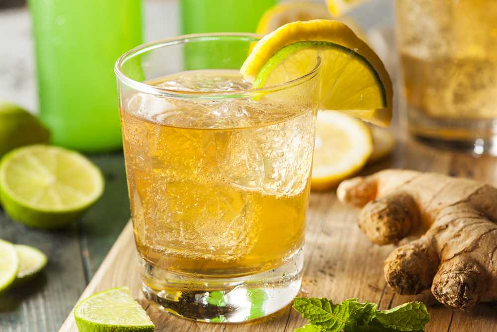 Ginger ale cocktail inside glass with lemon slice and fresh ginger on side 