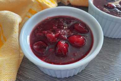 purple-red sauce in a small white bowl filled with cranberries