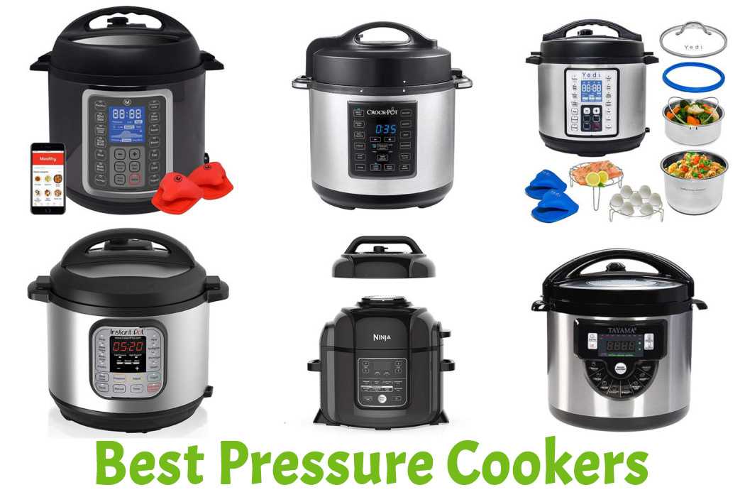 6 electric pressure cookers and instant pot accessories on a white background. 