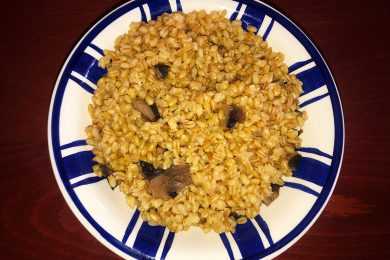 Wheat berries with slices mushrooms and spices on blue and white plate