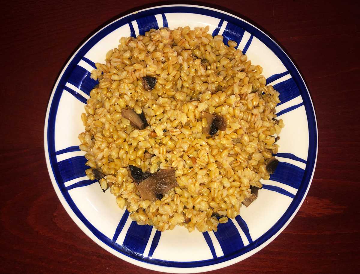 Wheat berries with slices mushrooms and spices on blue and white plate
