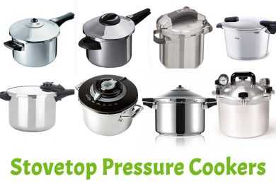 8 stovetop pressure cookers near each other on a white background