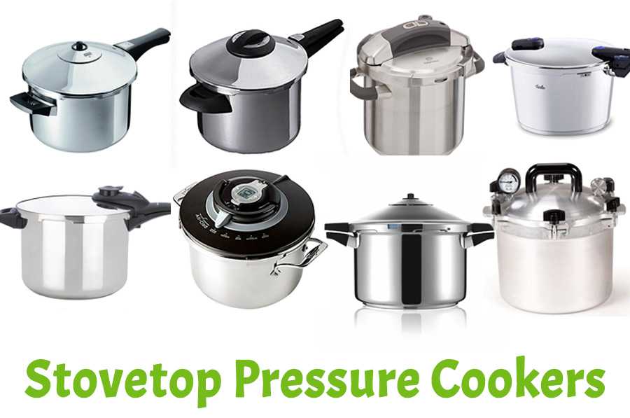 8 stovetop pressure cookers near each other on a white background