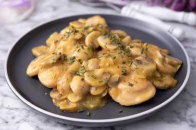 Chicken breasts topped with mushroom sauce with slices mushrooms, garlic, onion and spices