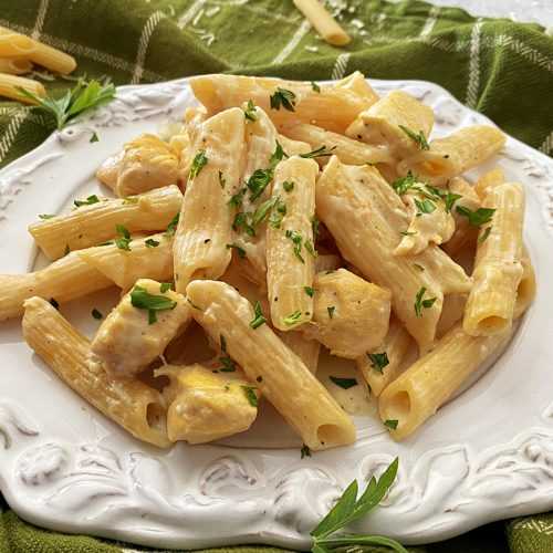 penne pasta with chicken chopped parsley cubes in a cheese sauce topped with