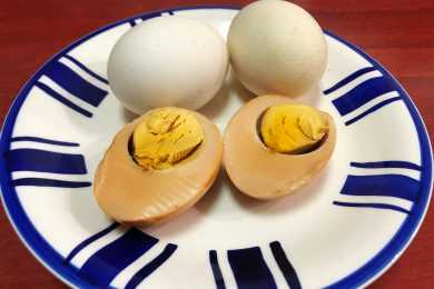 2 eggs with shells with one brown sauna egg cut into half on white and blue plate