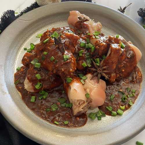 Cooked pork hocks with brown sauce and scallion sliced on top