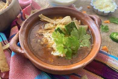 Brown soup filled with shredded chicken, tortilla strips and carrot cubes topped with parsley in brown bowl