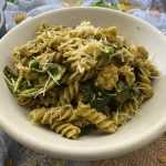 Rotini pasta with chicken breast cubes, pesto, spices and parmesan cheese on top
