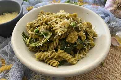Rotini pasta with chicken breast cubes, pesto, spices and parmesan cheese on top