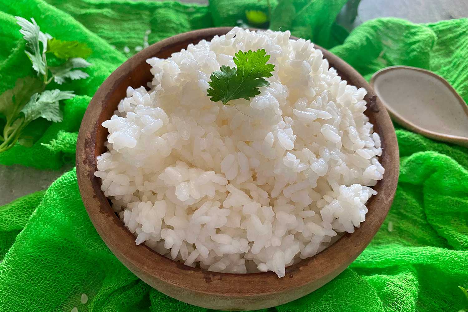 Rice on a brown plate topped with coriander leaves on a green map