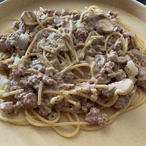 Ground beef in a creamy sauce mixed with spaghetti, mushrooms and onions