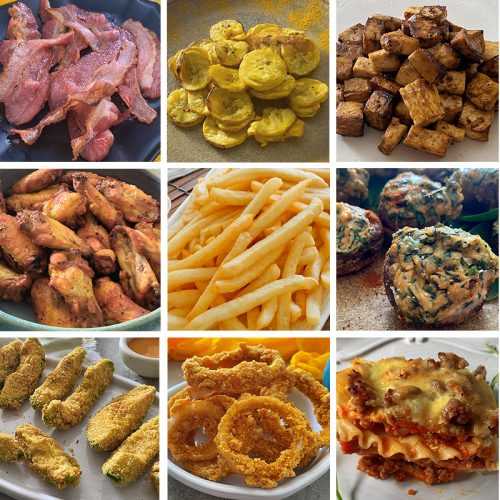 french fries, chicken wings, avocado fries, ham, fried mushrooms, onion rings and more air fried food