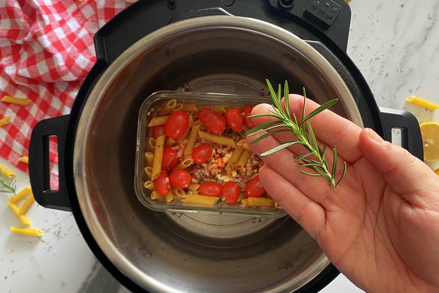 adding rosemary to the instant pot 