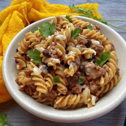 rotini pasta with ground beef and tomato sauce topped with parsley in gray bowl