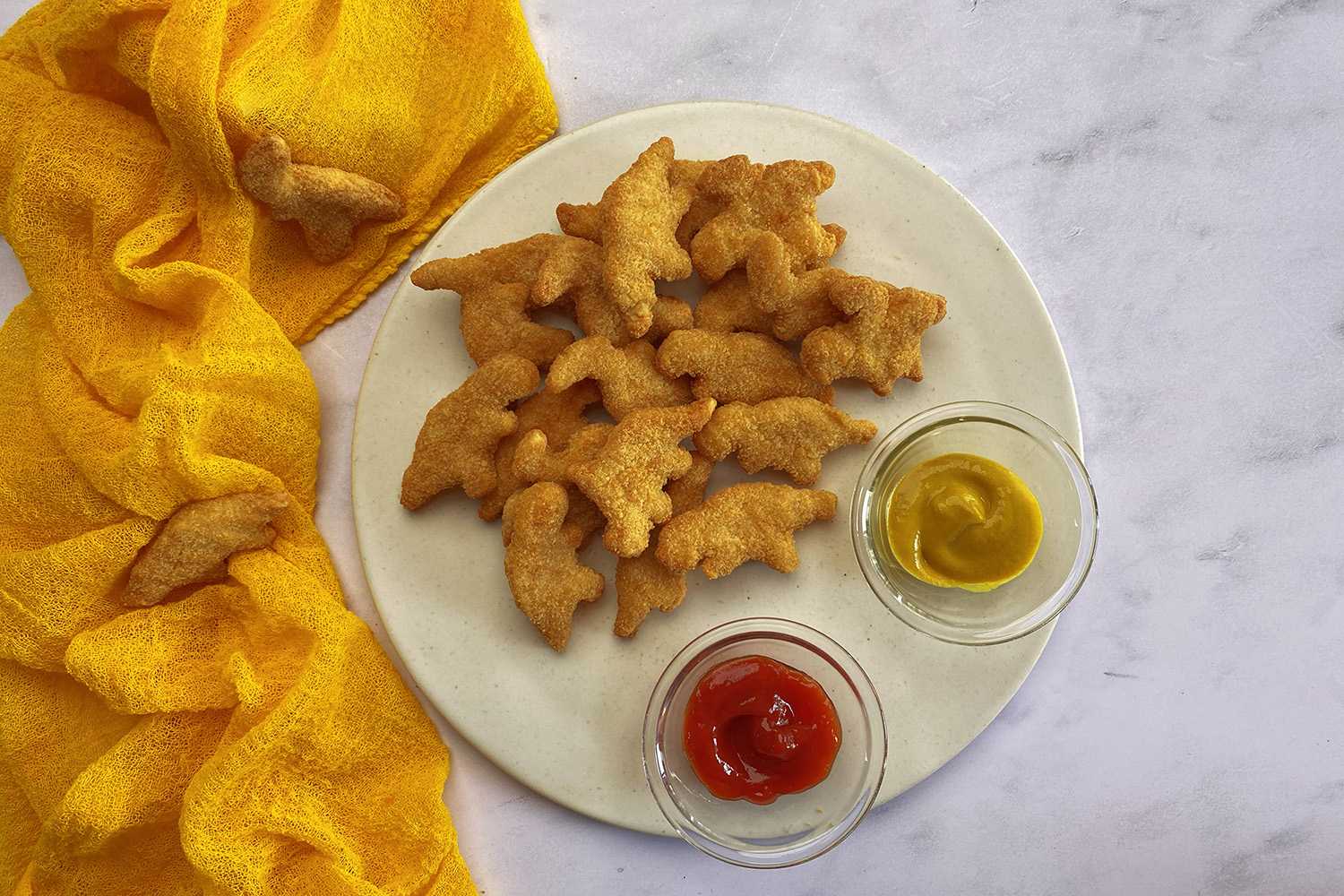 Dino-nuggets in a plate top view