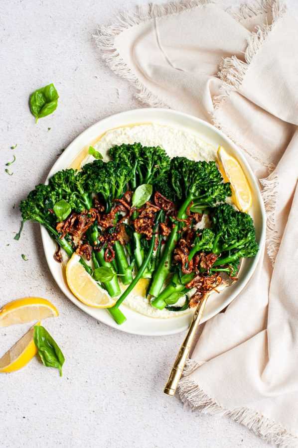 Broccolini with whipped goat cheese and shallots