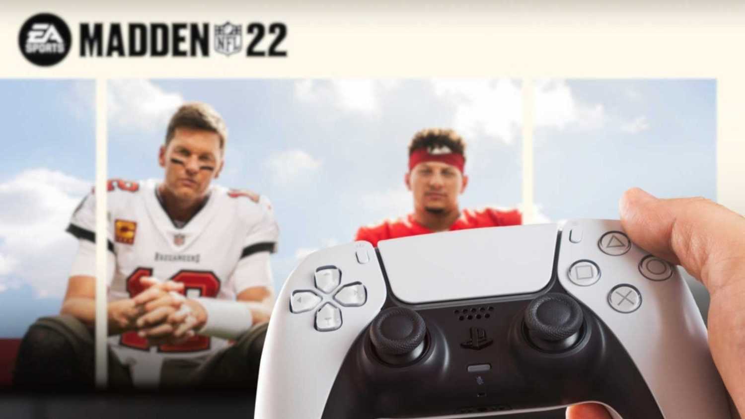 Male hand holding a Playstation 5 Dual Sense Controller with Madden NFL 22 game blurred in the background. Rio de Janeiro, RJ, Brazil. November 2021.