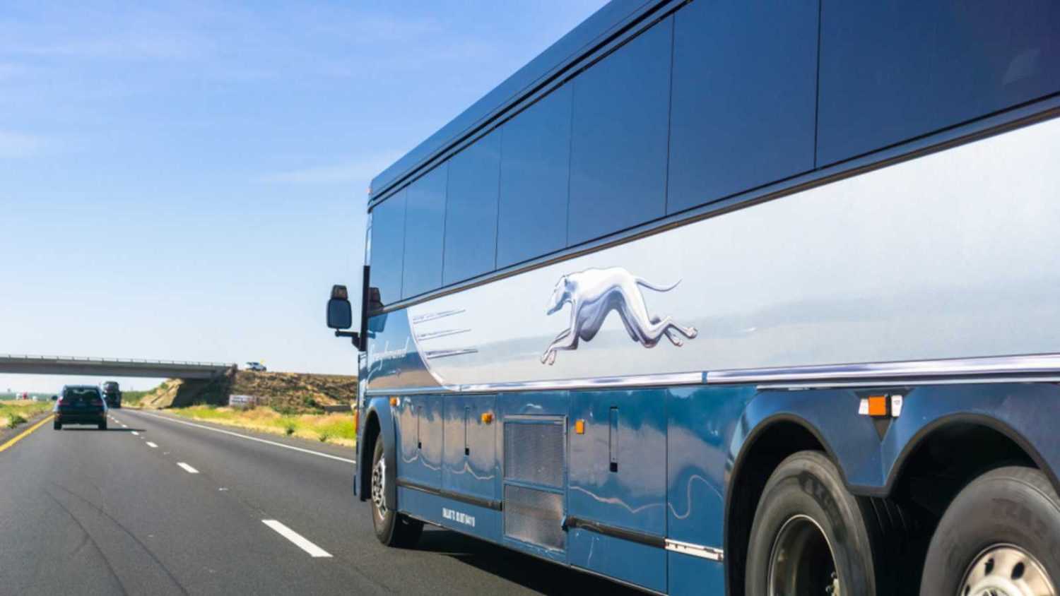 June 10, 2018 Los Banos / CA / USA - Greyhound bus driving north on I5 interstate towards San Francisco
