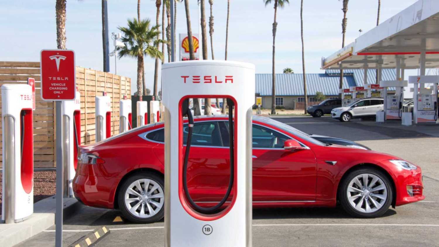 Bakersfield, CA - December 18, 2017: Tesla Super Charging station on Stockdale Hwy and the 5 fwy. Tesla Supercharger stations allow Tesla cars to be fast-charged at the network within an hour.