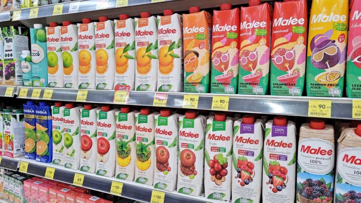 Bangkok Thailand , Apr 2023 , Malee UHT Fruit Juice on shelf in Supermarket