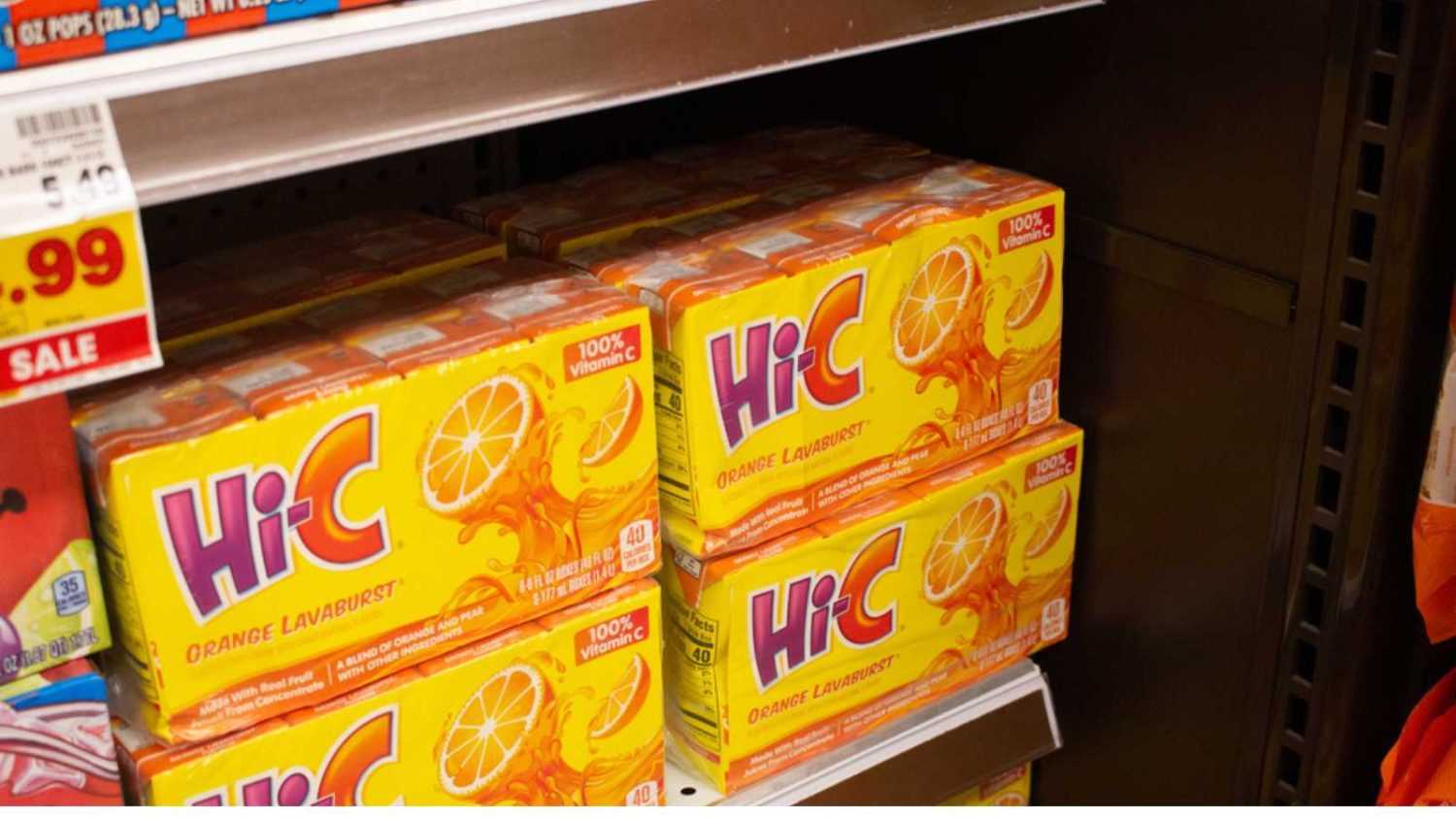 Los Angeles, California, United States - 05-21-2021: A view of several packages of Hi-C orange lavaburst flavor drinks, on display at a local grocery store.