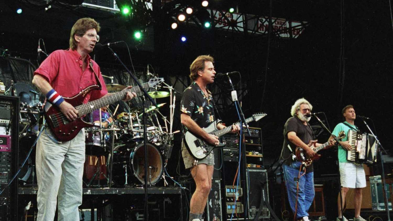 WASHINGTON, D.C. - JUNE 20: The Grateful Dead in concert in Washington, D.C., on Saturday, June 20, 1992. From left, Phil Lesh, Bob Wier, Jerry Garcia, and Bruce Hornsby.