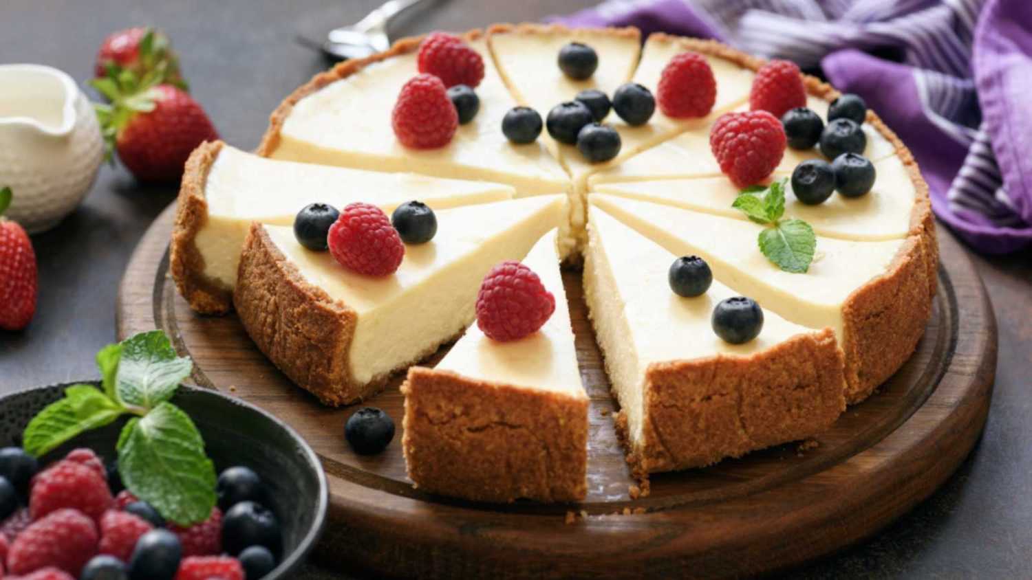 Classic plain New York Cheesecake sliced on wooden board, closeup view, selective focus