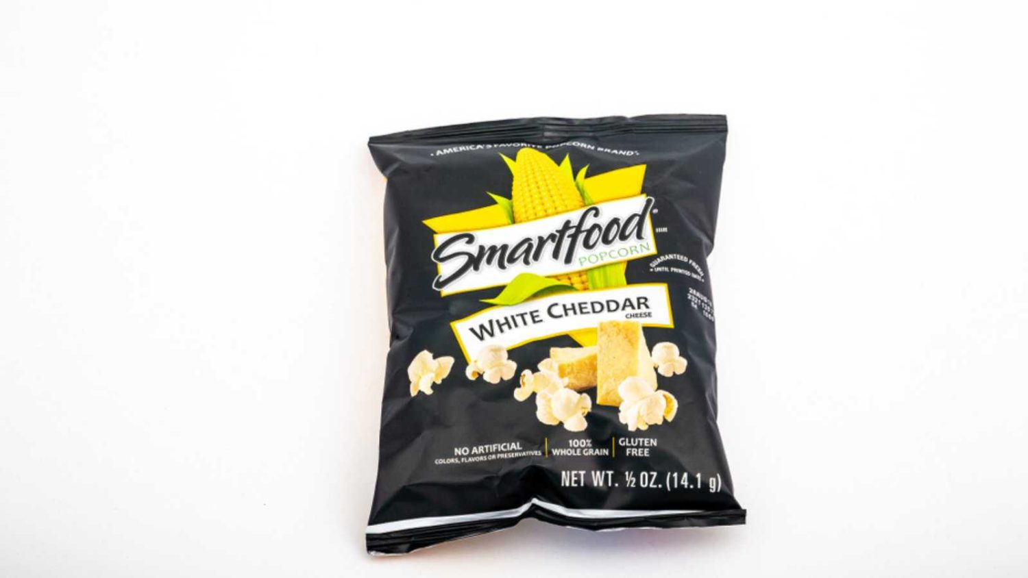 A bag of SmartFood White Cheddar Popcorn on a white background