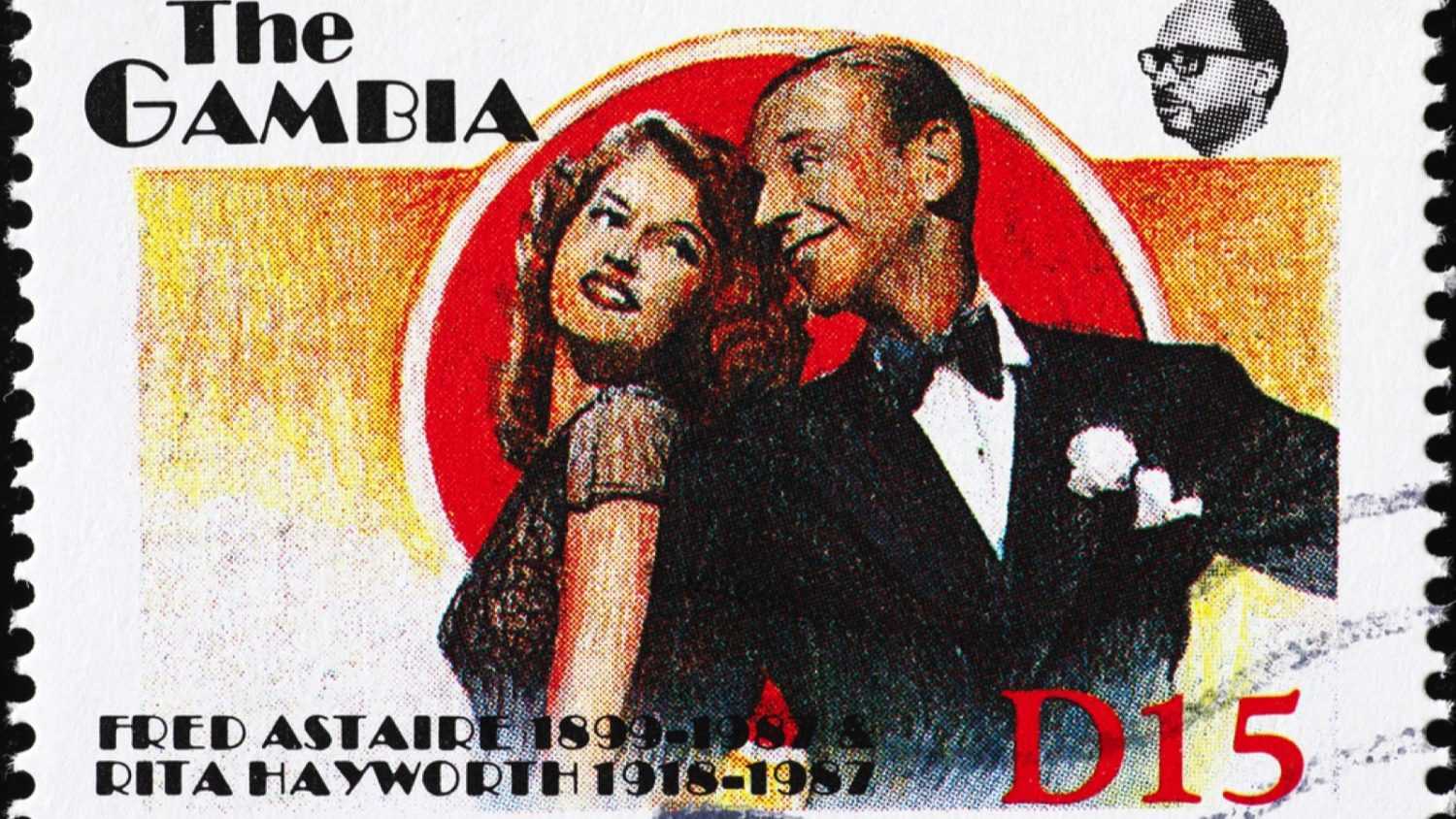 Milan, Italy - May 20, 2020: Fred Astaire and Rita Hayworth on postage stamp of Gambia