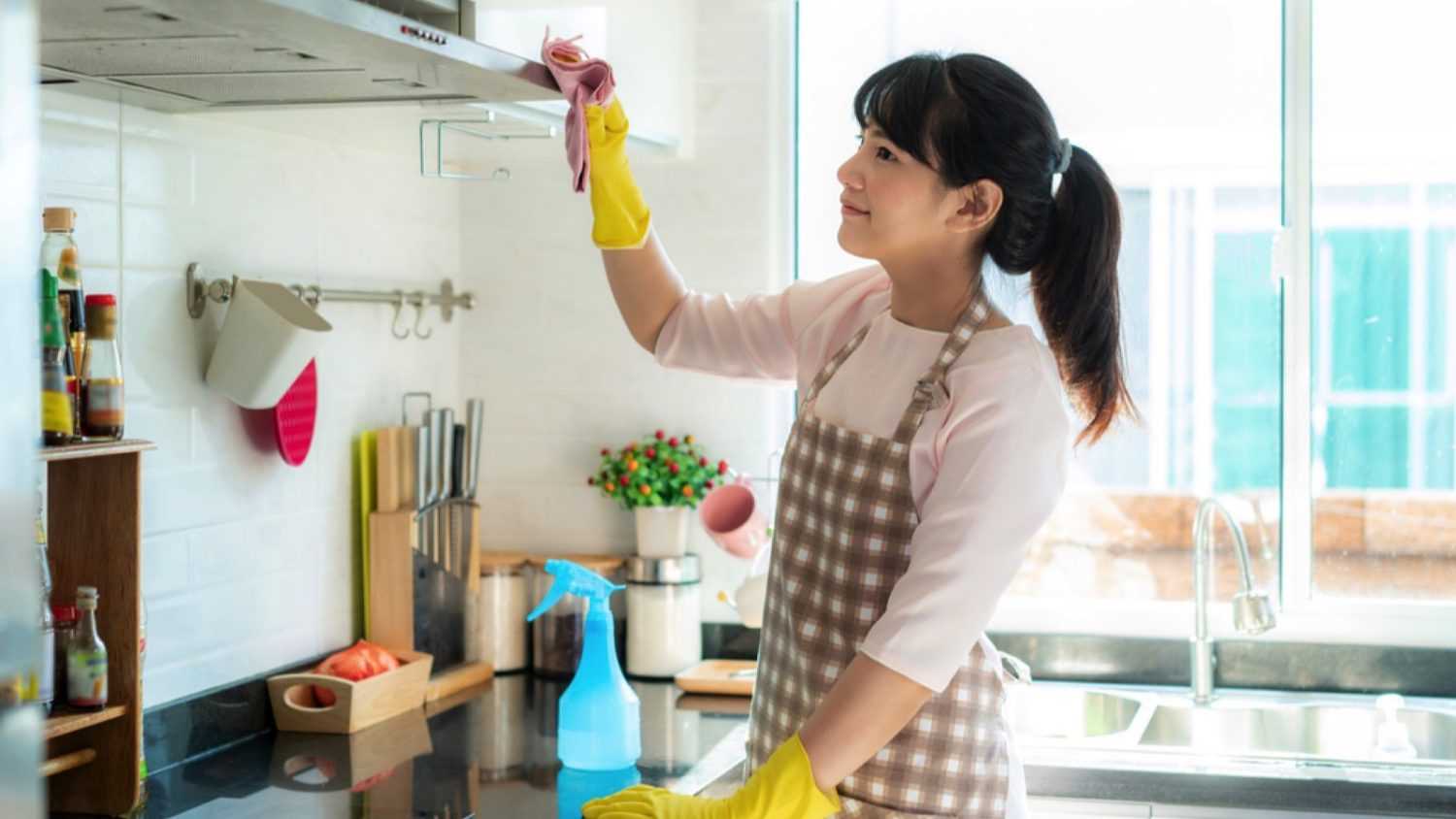 Woman cleaning kitchen shelf