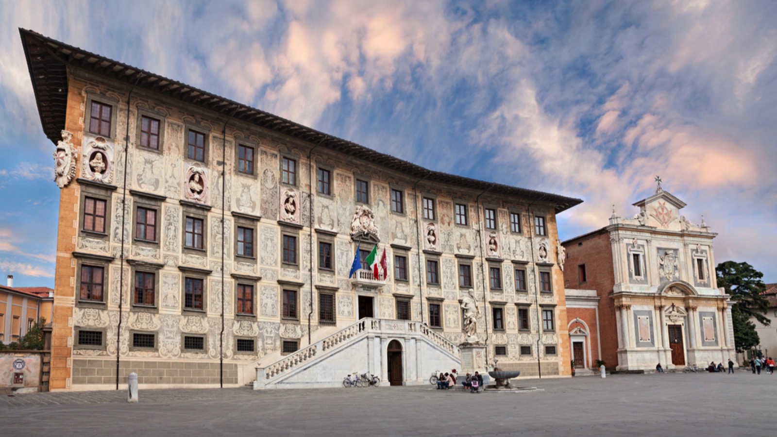 PISA, ITALY - APRIL 18: ancient Palazzo della Carovana built by Giorgio Vasari and church Santo Stefano in Piazza dei Cavalieri (Knight's Square). Photo taken on April 18, 2015 in Pisa, Tuscany Italy